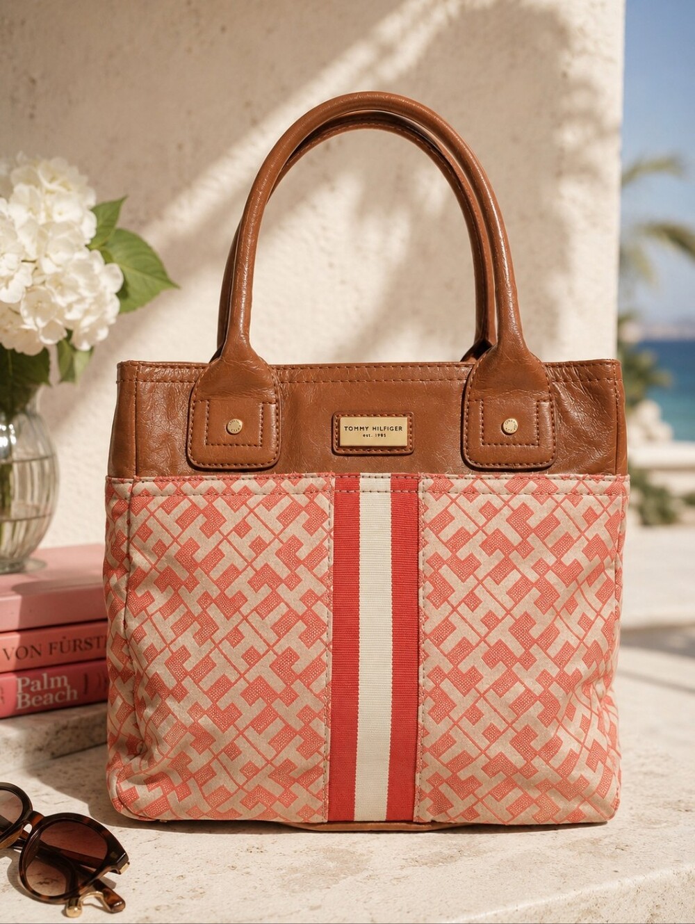 👜🌺 Tommy Hilfiger Y2K Preppy Coral Monogram Tote Bag Purse Tan Leather Trim